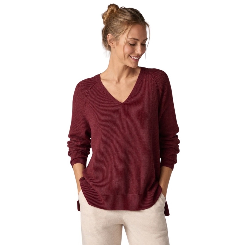 Athleta Sweater Womens XL Burgundy Hanover Merino Wool V-Neck Ribbed Pullover